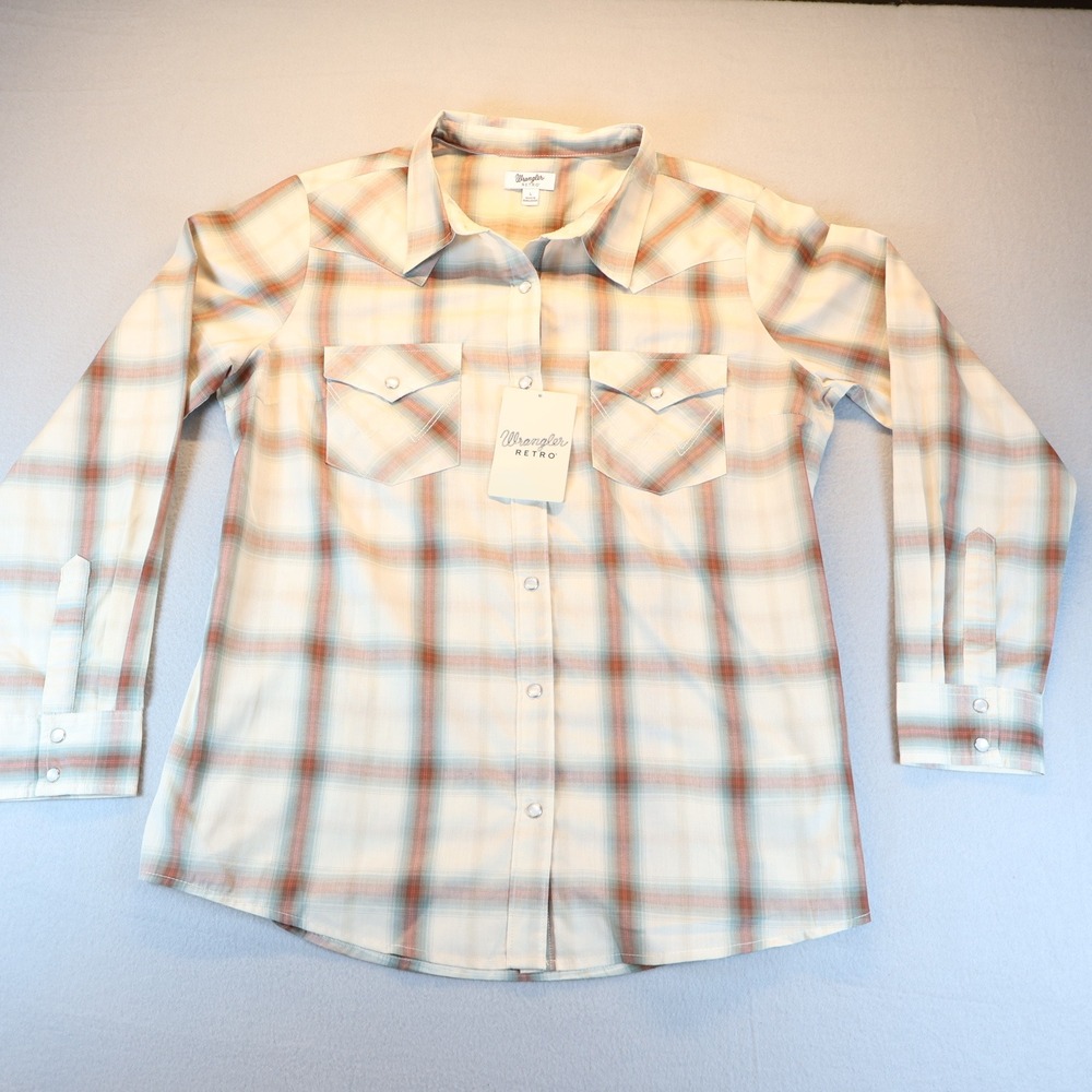Wrangler Retro Womens Plaid Western Snap Shirt Long Sleeve Pearl Snap Large NWT